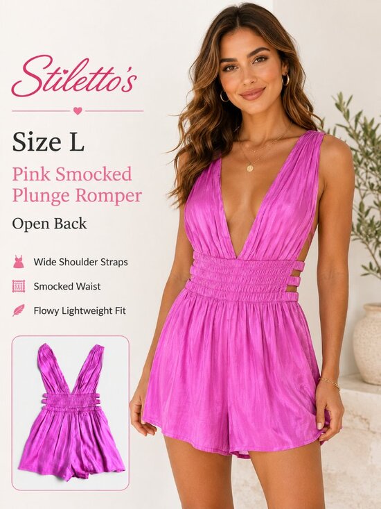 Stillettos Pants - Stiletto's Pink Smocked Plunge Romper